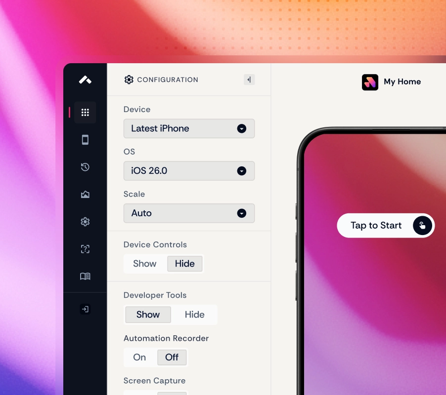 Appetize app view with device configuration and network logs