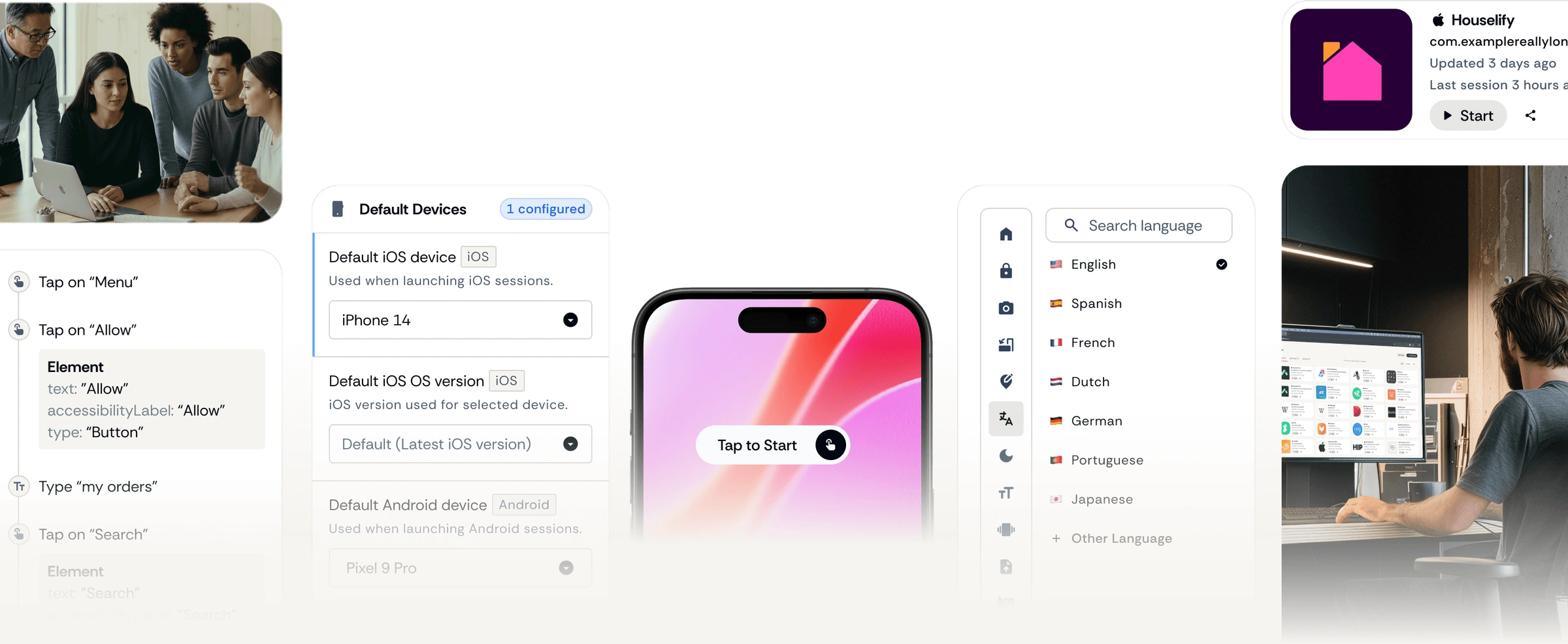 Appetize in use across teams — device configuration, live preview, and language settings